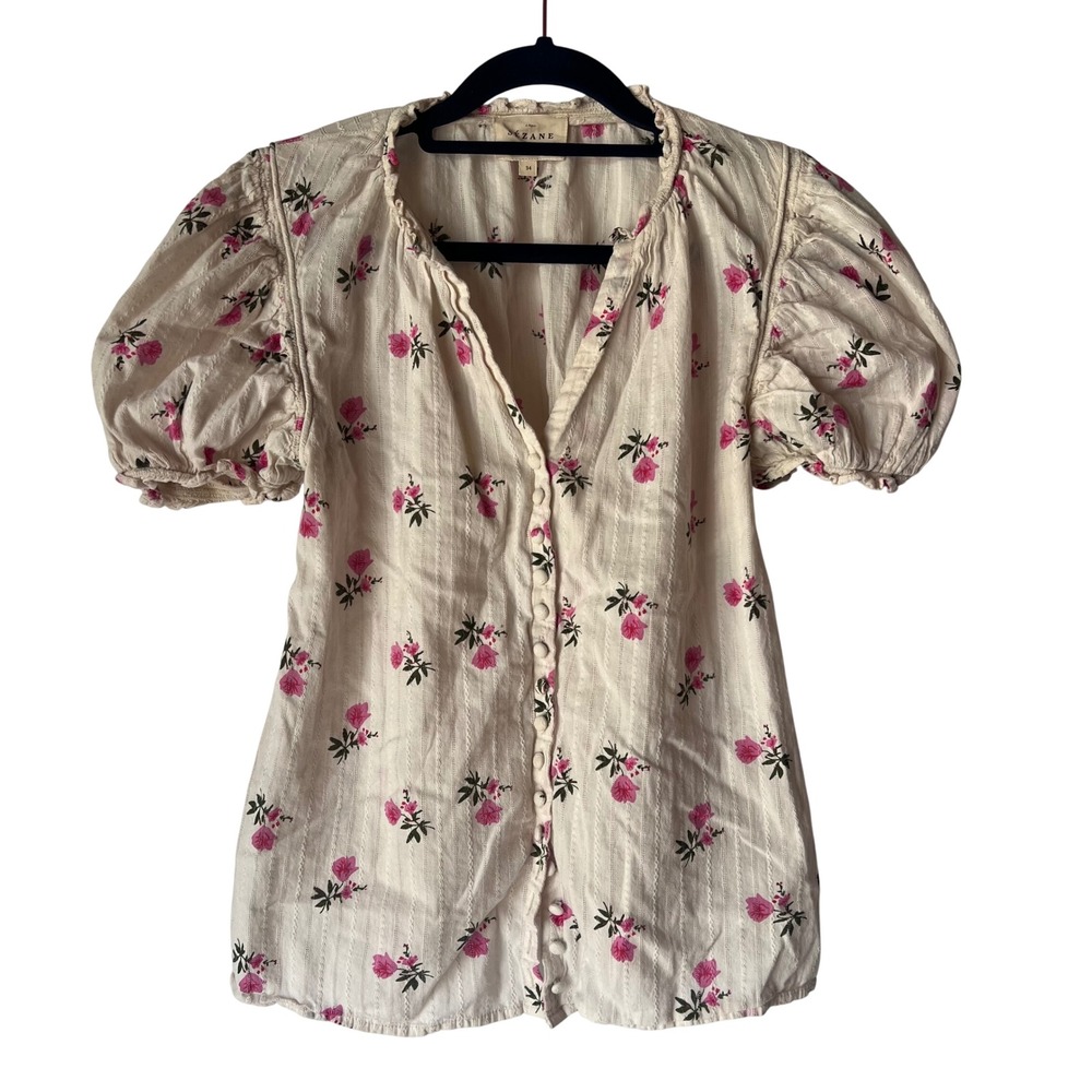 Sezane Floral Organic Cotton Puff Sleeve Blouse Pink Cream Rose Print Size‎ 34